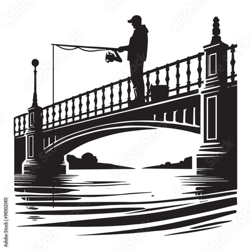 Fisherman Vector illustration in black and white - Fishing Clipart Design