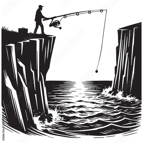 Fisherman Vector illustration in black and white - Fishing Clipart Design
