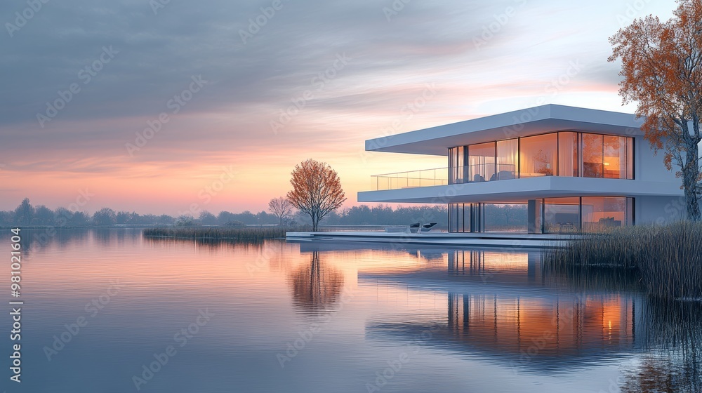 Futuristic modular home with cube design, white walls, glass balconies overlooking a serene lake, sunset lighting casts long shadows, cyberpunk, photorealistic, high dynamic range Futuristic modular home with cube design, white walls, glass balconies overlooking a serene lake, sunset lighting casts long shadows, cyberpunk, photorealistic, high dynamic range