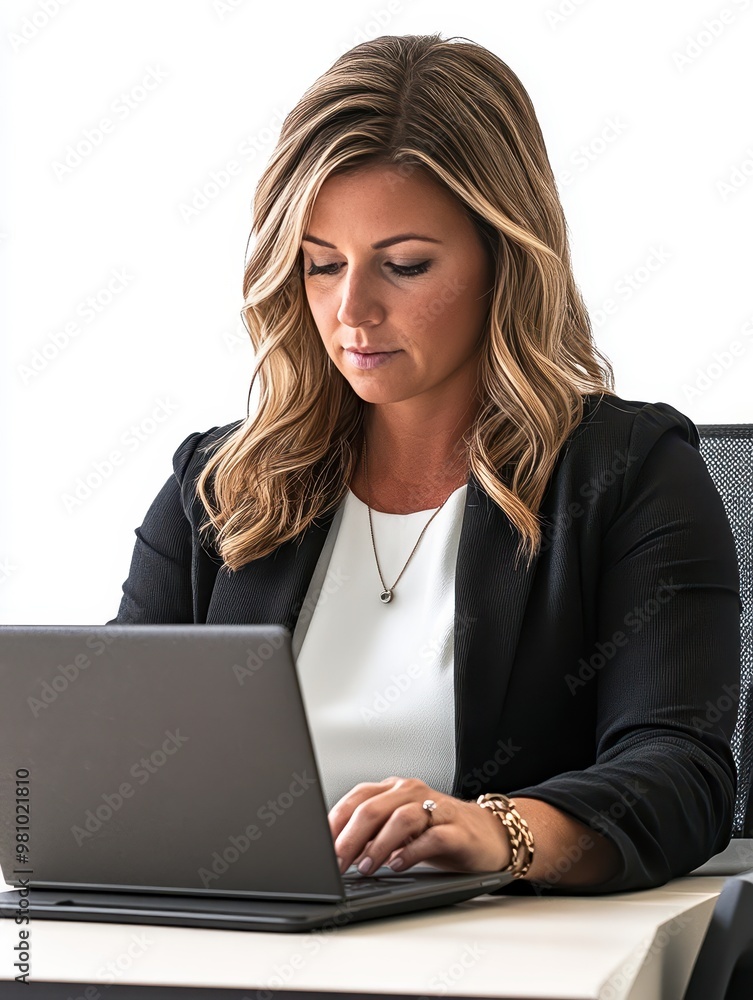Professional Woman Working on Laptop at Office Desk Professional Woman Working on Laptop at Office Desk
