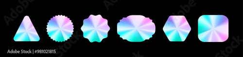 Set of sticker packs in y2k style. Holographic. Retro futuristic. Foil style labels. Elements. Nostalgia. Trendy Psychedelic. Holo. Starburst. Figures, waves, zigzags, tag. Textbox. Speech bubbles.  
