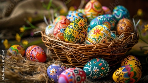 Visualize a basket filled with a variety of colorful Easter eggs, with each egg featuring unique patterns and decorations.