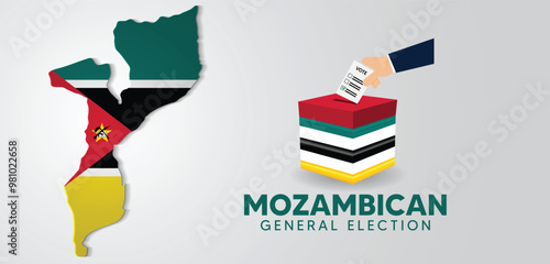 Mozambican general election flag map  hand putting vote in ballot box vector poster