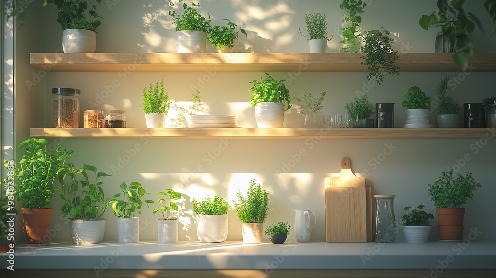 Sun shining through window illuminating herbs growing on shelves in kitchen Sun shining through window illuminating herbs growing on shelves in kitchen