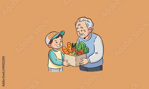 Boy giving groceries to an elderly man in an act of kindness