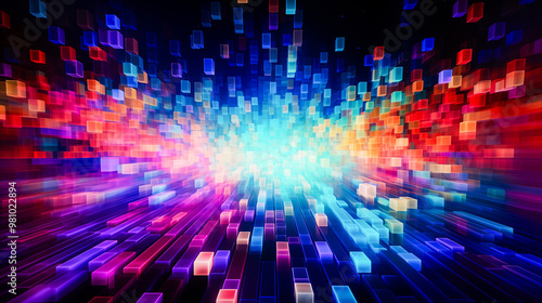 Fototapeta Naklejka Na Ścianę i Meble -  Dynamic colorful cubes and pixelated blocks in motion in space. Digital transformation, big data, or future-forward industries.