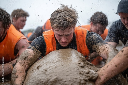 Individuals in orange vests performing intensive labor in muddy and wet conditions to mitigate flood damage by handling large sandbags, highlighting resilience and teamwork. photo