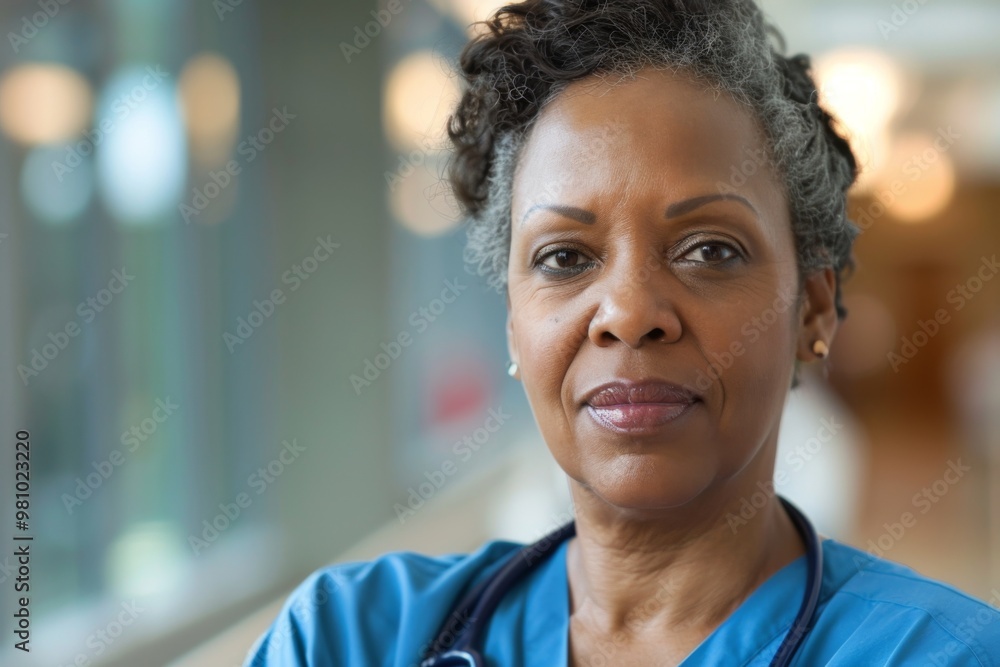 Portrait of a middle aged African American female registered nurse Portrait of a middle aged African American female registered nurse