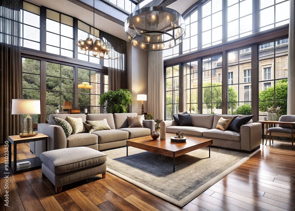 Stylish sofa and armchair positioned around sleek coffee table in spacious open-concept living room with high ceiling, Stylish sofa and armchair positioned around sleek coffee table in spacious open-concept living room with high ceiling,