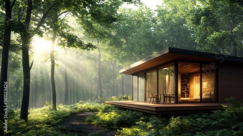 Geometric wooden cube house with a wraparound porch, blending seamlessly into dense forest, architectural sketch, subtle greens and browns, morning light