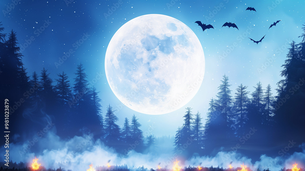 Moon landscape with night scenery and bats in the sky over dark forest Moon landscape with night scenery and bats in the sky over dark forest