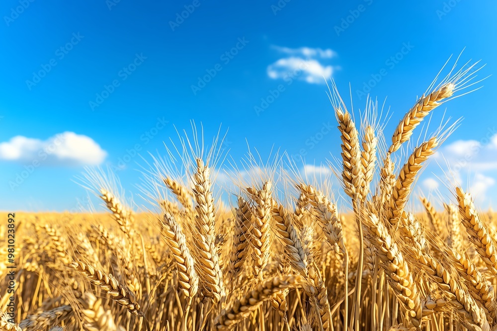 A panoramic view of wheat fields, with golden grains swaying in the breeze under a bright blue sky A panoramic view of wheat fields, with golden grains swaying in the breeze under a bright blue sky