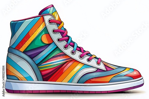 Stylized illustration of a sleek high-top sneaker in bold lines and vibrant colors, set against a plain white photo