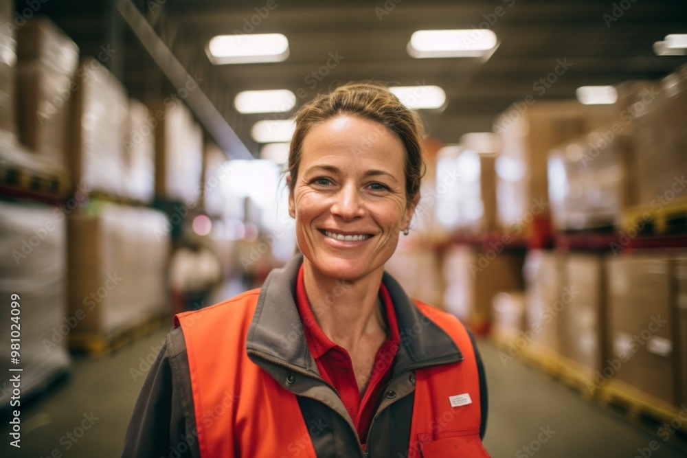 Portrait of a smiling middle aged female warehouse worker Portrait of a smiling middle aged female warehouse worker
