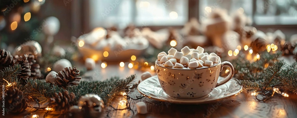 A cozy winter table setting with hot cocoa topped with marshmallows and festive decorations in a warm, inviting atmosphere A cozy winter table setting with hot cocoa topped with marshmallows and festive decorations in a warm, inviting atmosphere