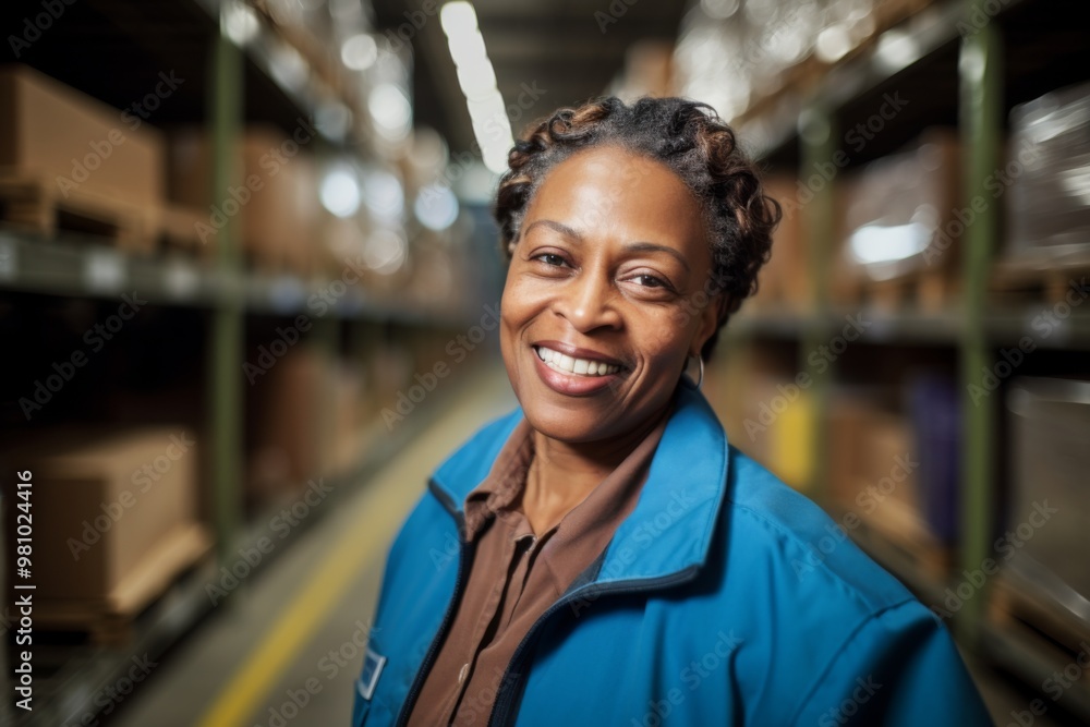 Portrait of a smiling middle aged female warehouse worker Portrait of a smiling middle aged female warehouse worker