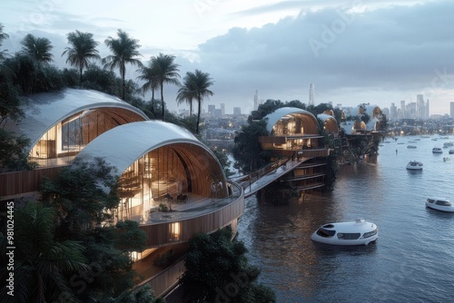 In an idyllic scenario, tropical-style floating homes surrounded by lush greenery, villas are connected by boardwalks, representing a harmonious blend of nature and modern living. photo