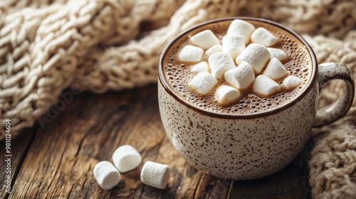 A warm cup of hot cocoa with fluffy marshmallows placed on a rustic wooden table beside a cozy knitted blanket on a chilly day