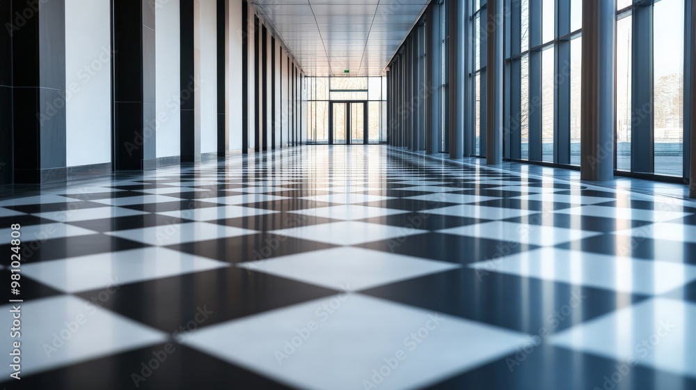 Spacious modern hallway with large windows and checkerboard flooring, offering an elegant and professional atmosphere. Spacious modern hallway with large windows and checkerboard flooring, offering an elegant and professional atmosphere.