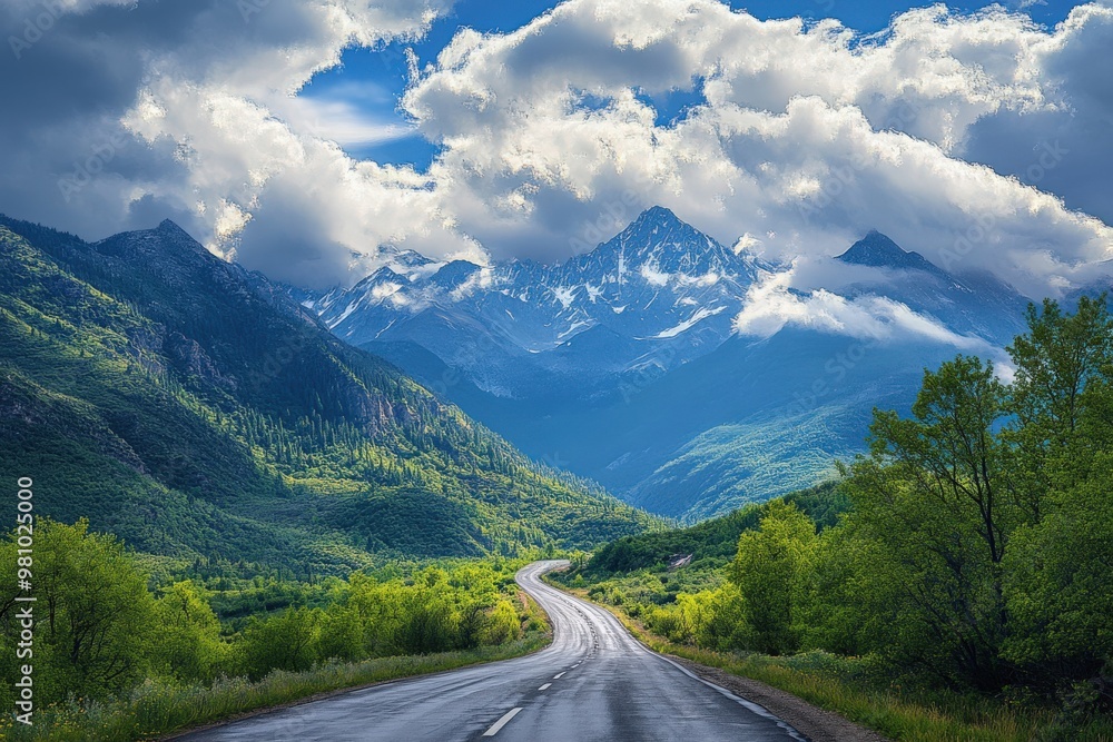 Naklejka premium Old Highway Through Mountainous Terrain Under a Cloudy Sky on a Summer Day