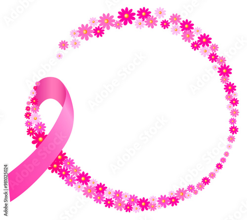 Pink ribbon design with flower.  Breast cancer awareness month campaign. Vector illustration.