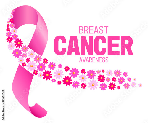 Pink ribbon design with flower. Breast cancer awareness month campaign. Vector illustration.