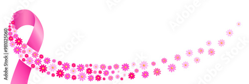 Pink ribbon design with flower.  Breast cancer awareness month campaign. Vector illustration.