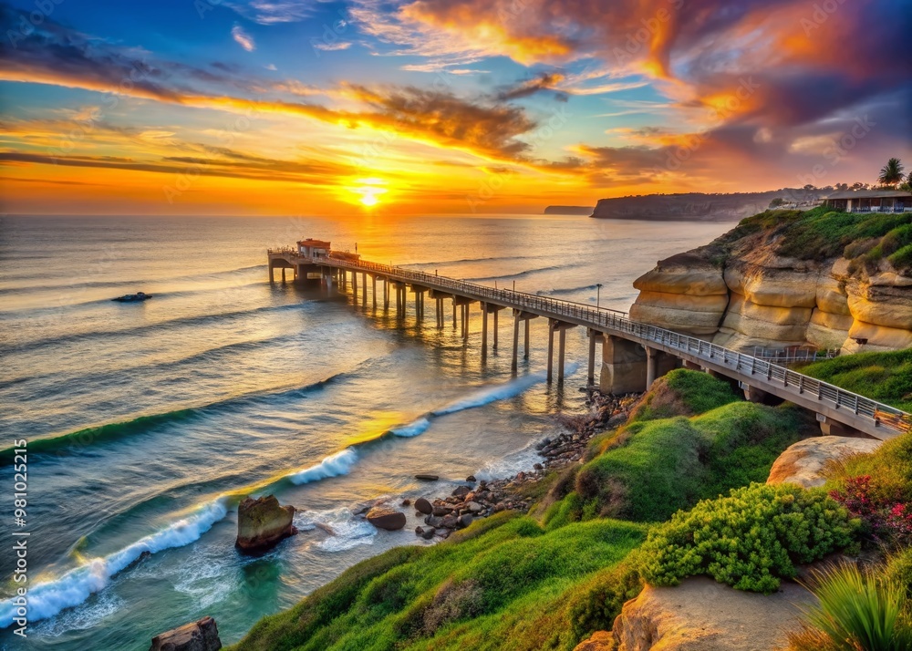 custom made wallpaper toronto digitalSunset casts a warm glow on the iconic research pier extending into the Pacific Ocean, surrounded by rocky