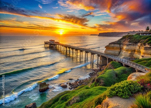 Wallpaper Mural Sunset casts a warm glow on the iconic research pier extending into the Pacific Ocean, surrounded by rocky Torontodigital.ca