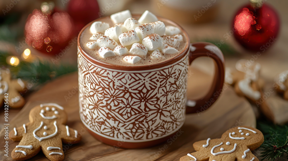 Enjoy a warm cup of holiday hot cocoa adorned with fluffy marshmallows, complemented by gingerbread cookies and a festive atmosphere. Enjoy a warm cup of holiday hot cocoa adorned with fluffy marshmallows, complemented by gingerbread cookies and a festive atmosphere.