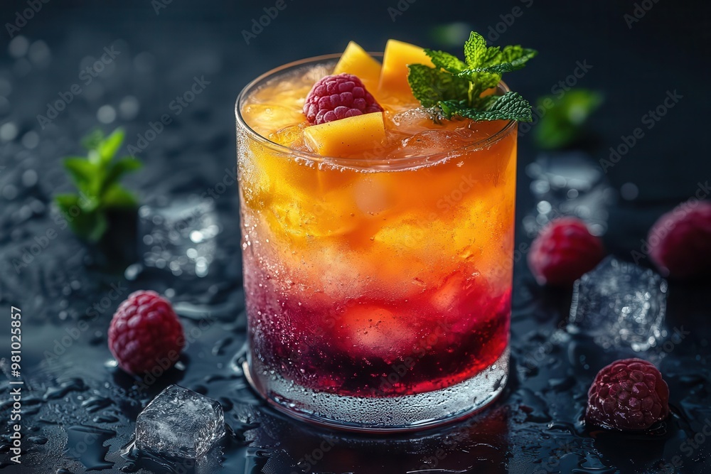 vibrant tropical cocktail layers of colorful fruit juices garnished with fresh fruit and mint ice cubes catching light nightclub atmosphere vibrant tropical cocktail layers of colorful fruit juices garnished with fresh fruit and mint ice cubes catching light nightclub atmosphere