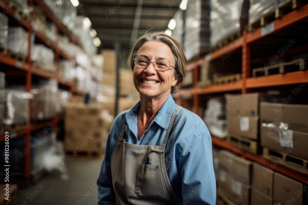 Fototapeta premium Portrait of a smiling middle aged female warehouse worker