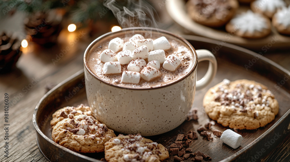 Enjoying a steaming cup of hot cocoa topped with fluffy marshmallows, alongside freshly baked chocolate chip cookies for a cozy winter treat. Enjoying a steaming cup of hot cocoa topped with fluffy marshmallows, alongside freshly baked chocolate chip cookies for a cozy winter treat.