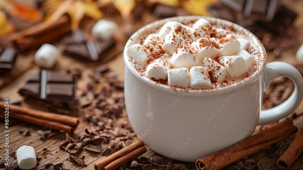 A warm cup of hot cocoa brimming with marshmallows sits invitingly, surrounded by festive decorations on a cold winter day. A warm cup of hot cocoa brimming with marshmallows sits invitingly, surrounded by festive decorations on a cold winter day.