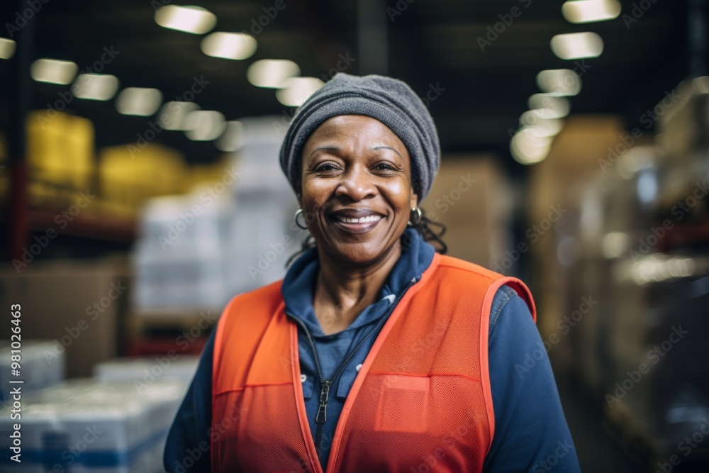 Portrait of a smiling middle aged female warehouse worker Portrait of a smiling middle aged female warehouse worker