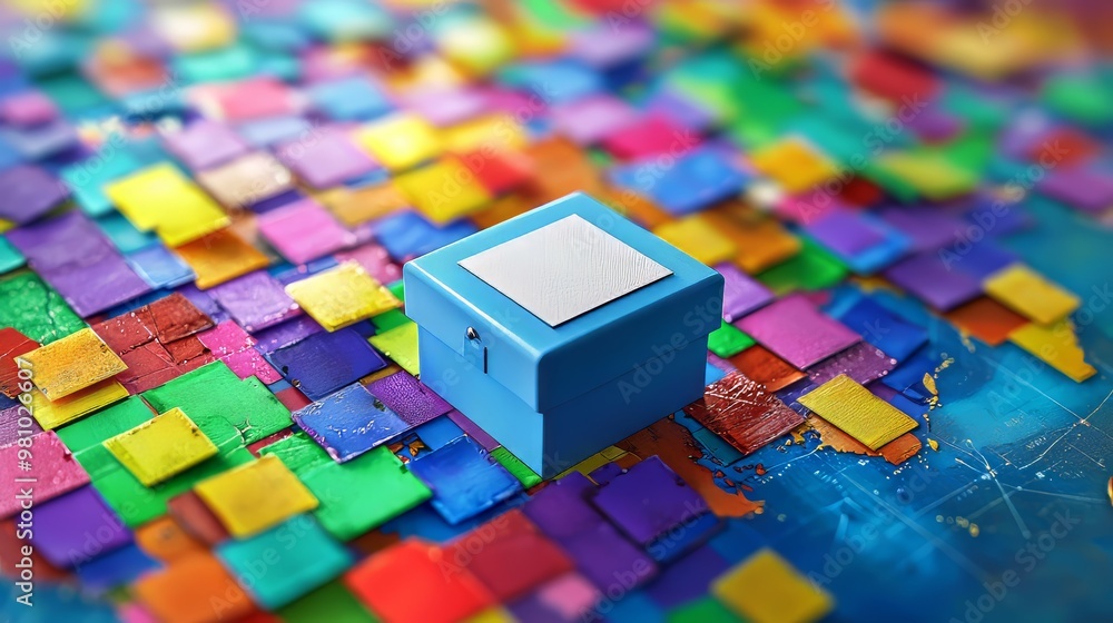 Fototapeta premium A vibrant blue gift box on a colorful mosaic background.