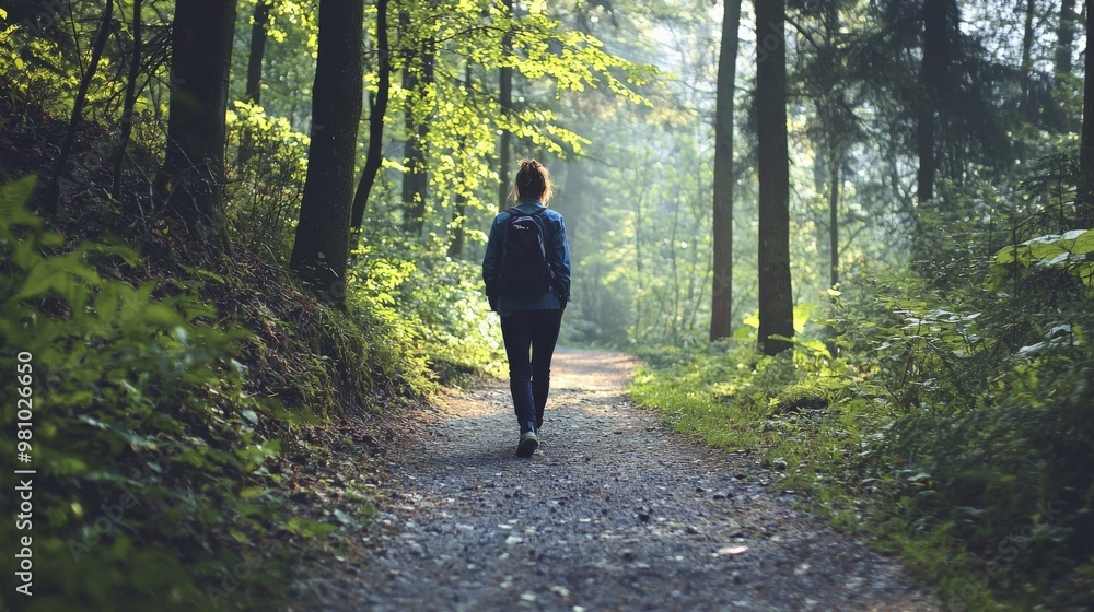 A person slowly walking along a forest path, each step taken with full awareness, connecting deeply with the surrounding nature. A person slowly walking along a forest path, each step taken with full awareness, connecting deeply with the surrounding nature.