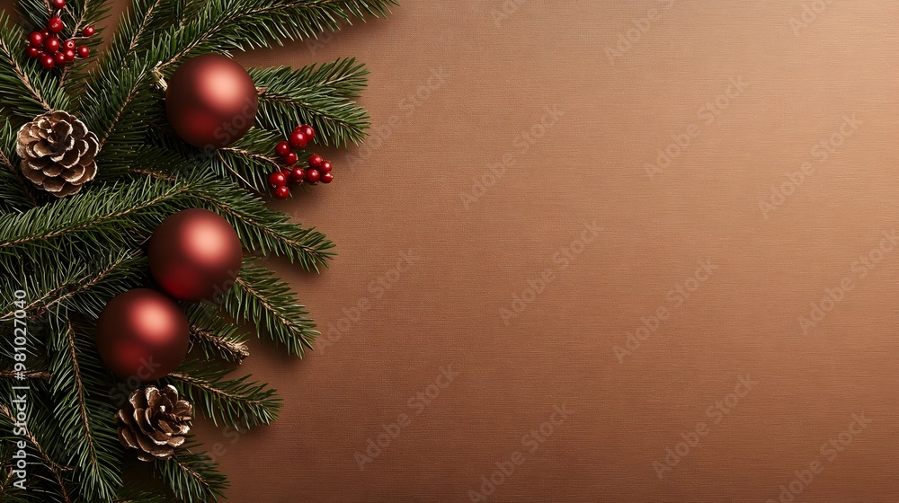 Festive Christmas Tree with Ornaments and Pinecones on Warm Brown Background Festive Christmas Tree with Ornaments and Pinecones on Warm Brown Background