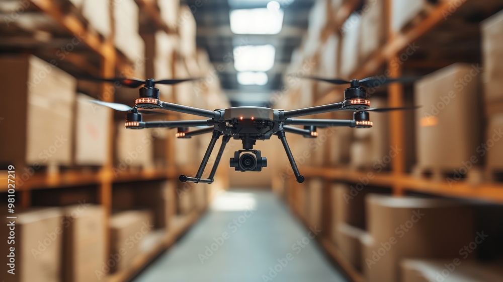 Drone delivery operation in a warehouse with various packages during daytime Drone delivery operation in a warehouse with various packages during daytime