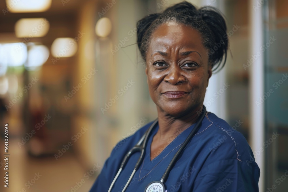 Portrait of a middle aged African American female registered nurse Portrait of a middle aged African American female registered nurse