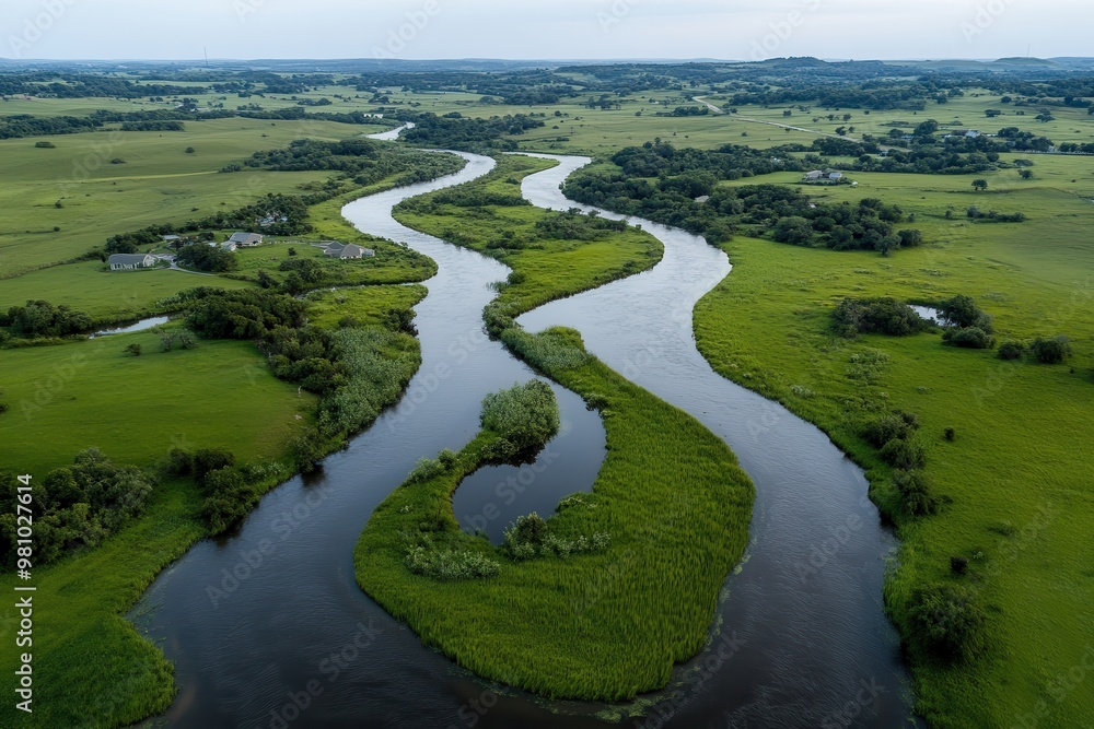 Aerial view of a sinuous river meandering through verdant fields, creating a breathtaking landscape of rich greenery and calm waters, all under a wide, open sky. Aerial view of a sinuous river meandering through verdant fields, creating a breathtaking landscape of rich greenery and calm waters, all under a wide, open sky.