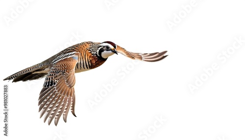 male northern bobwhite quail - Colinus virginianus - flying in flight with wings open and extended isolated cutout on white background with copy space