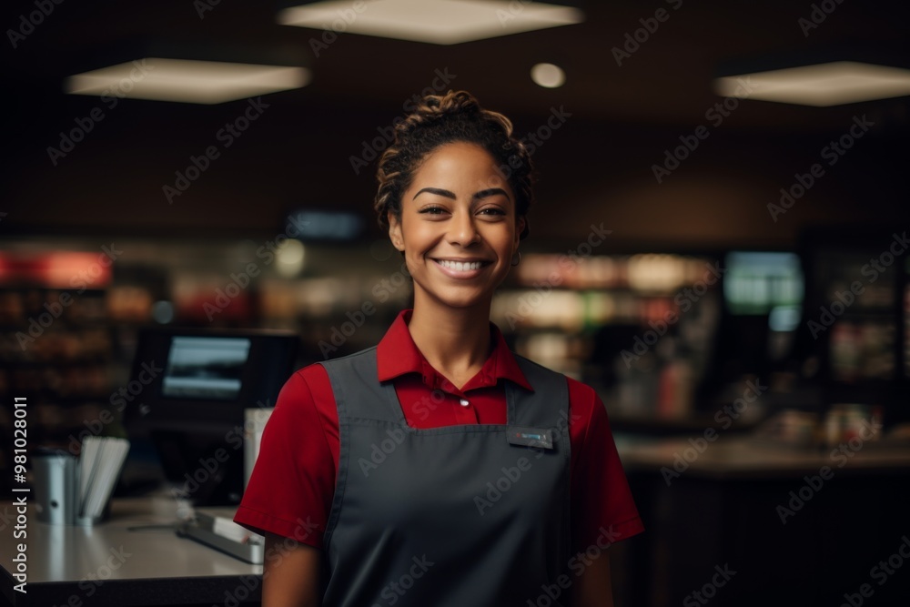 Portrait of a young female black cashier at supermarket Portrait of a young female black cashier at supermarket