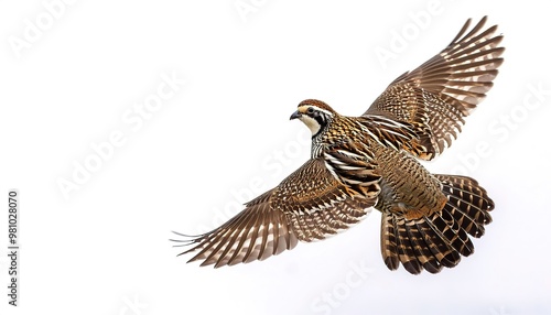 male northern bobwhite quail - Colinus virginianus - flying in flight with wings open and extended isolated cutout on white background with copy space