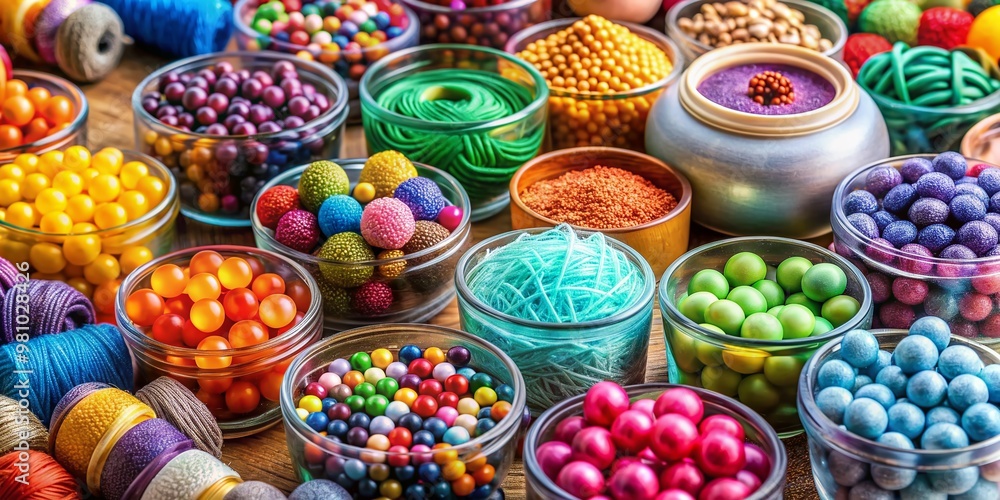 Vibrant beads and colorful yarns overflow from small, neatly arranged containers, showcasing a crafty abundance of textures and hues on a neutral background. Vibrant beads and colorful yarns overflow from small, neatly arranged containers, showcasing a crafty abundance of textures and hues on a neutral background.