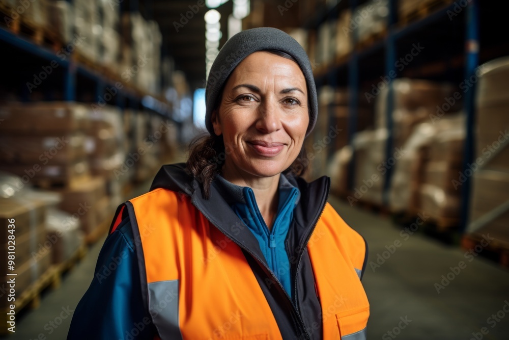 Fototapeta premium Portrait of a smiling middle aged female warehouse worker