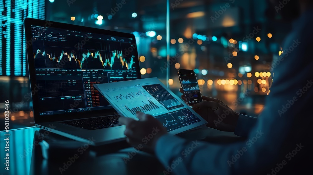 A man analyzing financial data on multiple devices at night. A man analyzing financial data on multiple devices at night.