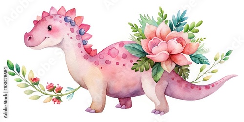 Fototapeta Naklejka Na Ścianę i Meble -  Cute watercolor pink dinosaur with flower bouquet, dinosaur, pink, cute, watercolor, floral, flower, bouquet, whimsical