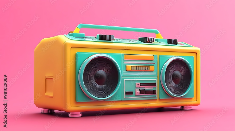 Fototapeta premium A colorful retro boombox on a pink background, representing nostalgia and music enjoyment.
