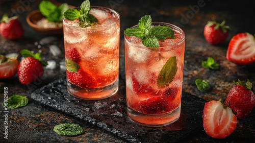 Refreshing strawberry mint cocktails in elegant glasses on a dark textured surface with ice and fresh ingredients